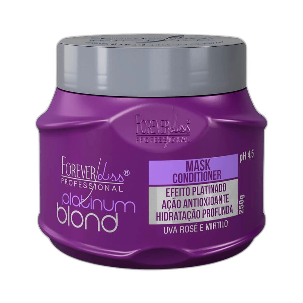 Máscara Capilar Forever Liss Platinum Blond 250g - embalagem frontal roxa com tampa cinza